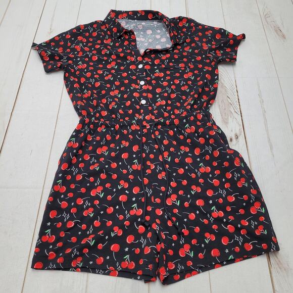 TomboyX black red cherry fruit romper jumpsuit shorts retro - Picture 1 of 6